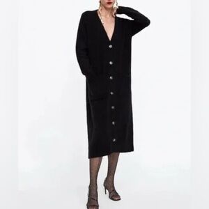 Zara Black Finely Ribbed Midi Sweater Dress with V-Neck & Front Patch Pockets, S